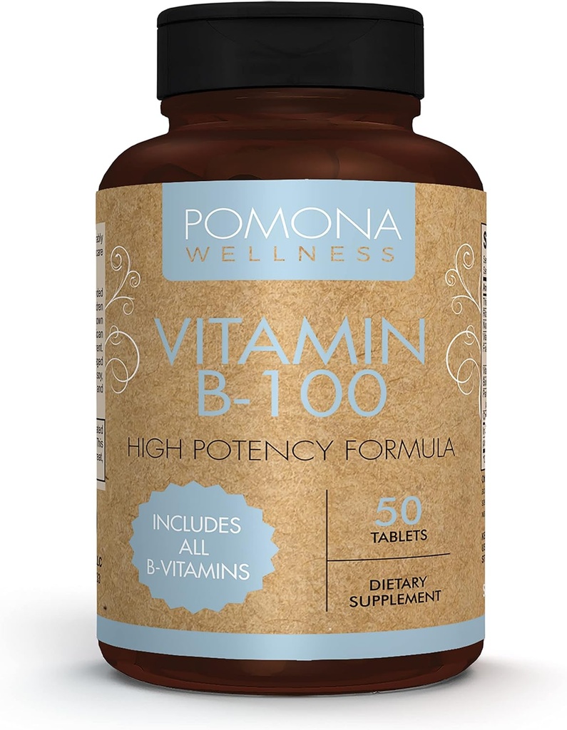 Pomona Wellness Vitamin B Complex Supplement with Folic Acid, High Potency Multivitamin, All 10 B Vitamins Including B12, Supports Energy Levels, Heart Health, Non-GMO, 50 Tablets