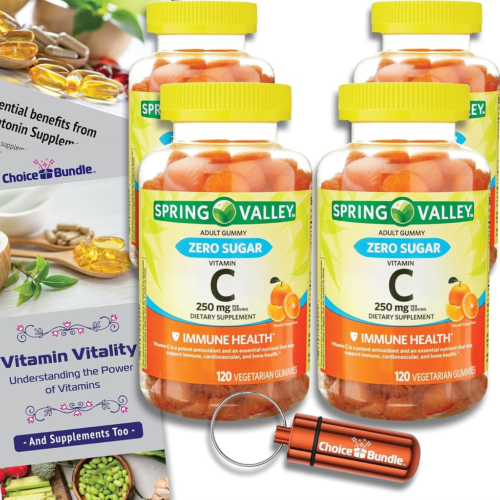 选择 Bundle Spring Valley 零糖维生素 C Gummys 饮食补充 250 mg 120 Ct 4 pk(总计480) + 维生素指南和药剂容器(6项)!