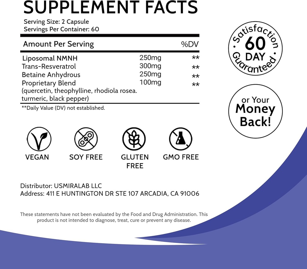 Liposomal NMNH 妇女能源补充:NMN替代方法+跨Resveratrol + TMG + boosts NAD+ 等级,细胞再生和拉迪安特皮肤 - 60天反衰老公式1