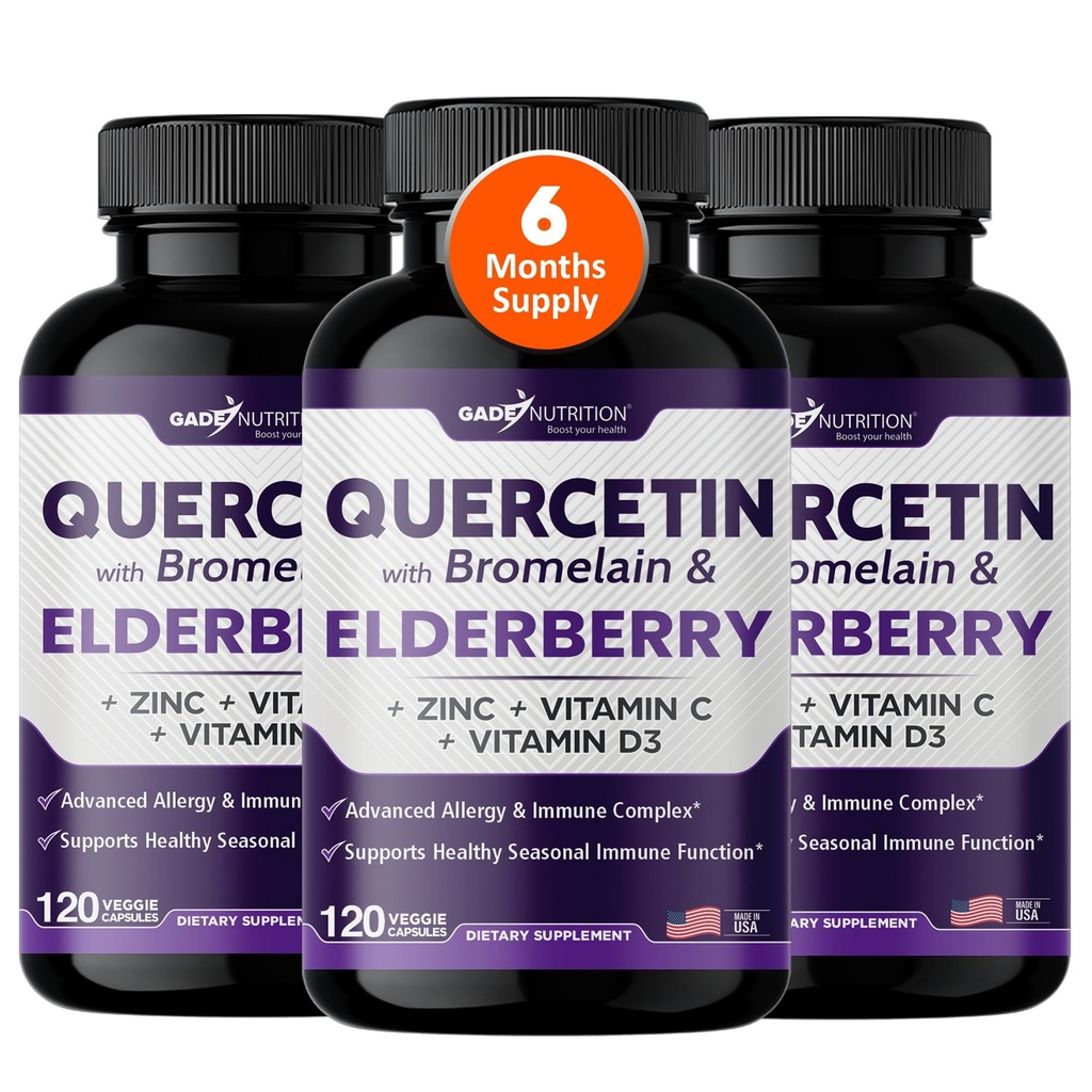 Gade 营养 Quercetin with Bromelain & Merderberry → Quercetin with Vitamin C and Zinc → 锌 → Quercetin 500 mg with Vitamin D3 → 每日免疫辅助补充 - 6个月供应