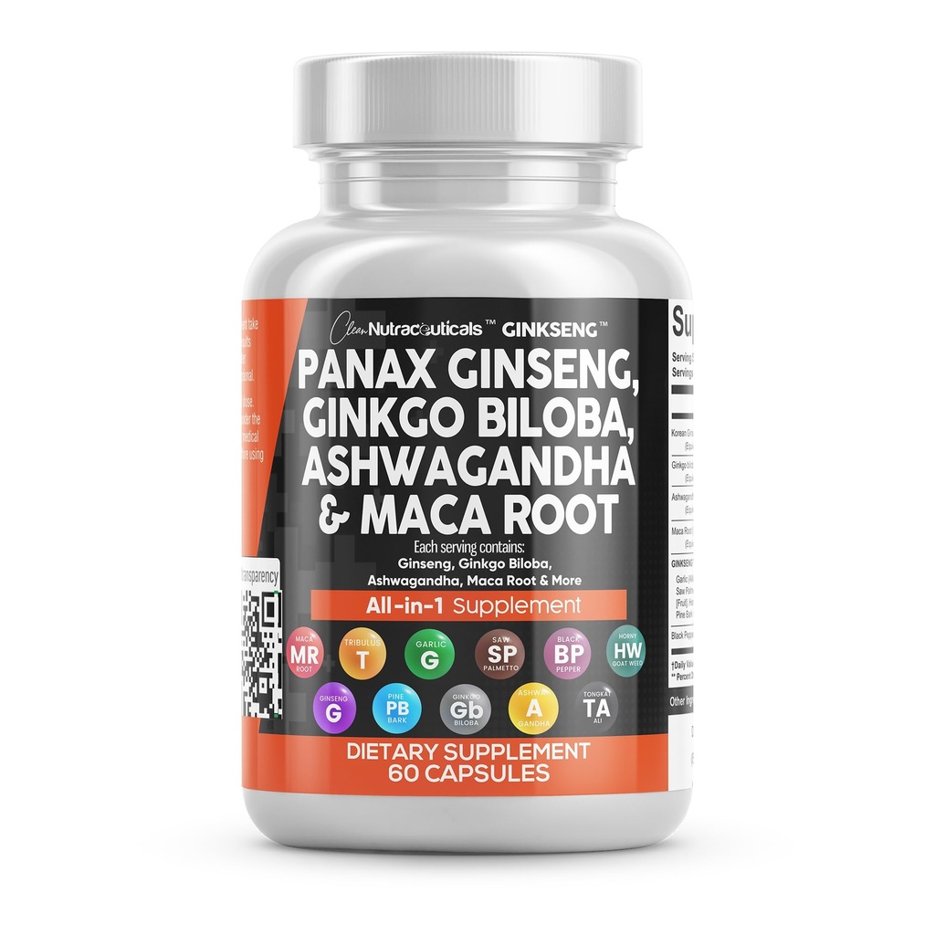 Panax Ginseng Ginkgo Biloba Ashwagandha Maca Root -- -- 以松巴克抽取、大蒜和Saw Palmetto为对象的男女重点补充药丸 -- -- 60顶