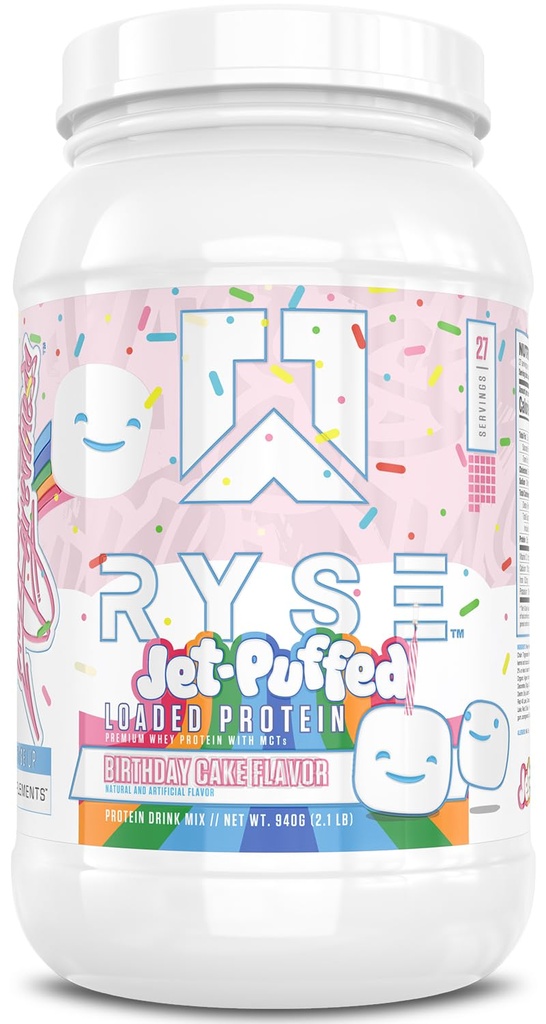 RYSE 加载蛋白粉 - Jet-Puffed birthday Cake - 25g Whey蛋白隔热并集中使用Prebiotive Fiber & MCTs - 低卡,低糖,消化友好 - 27 services / 2 lb Tub