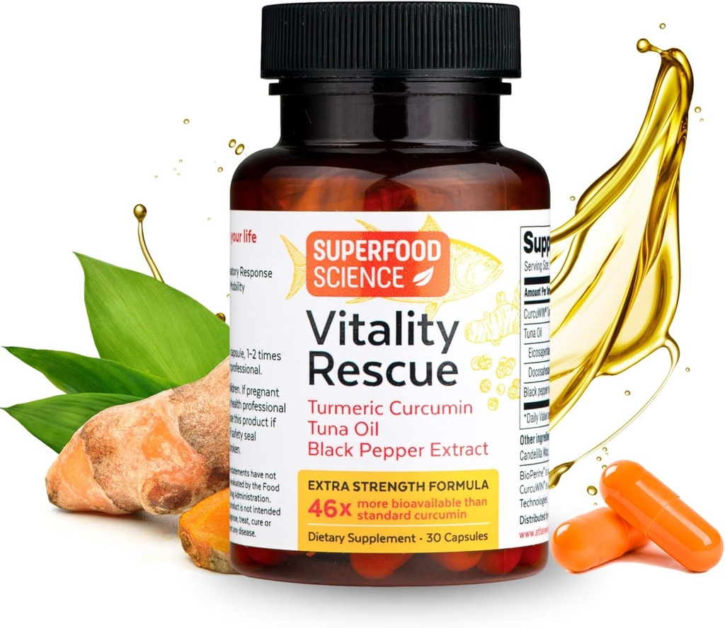 生命拯救、鱼油DHA EPA Omega 3和Turmeric Supplement w/Bioperine、CurcuWin 46X 支持工作恢复的高级吸收Crucumin、联合、肌肉、心肺和脑健康,30 Capsules