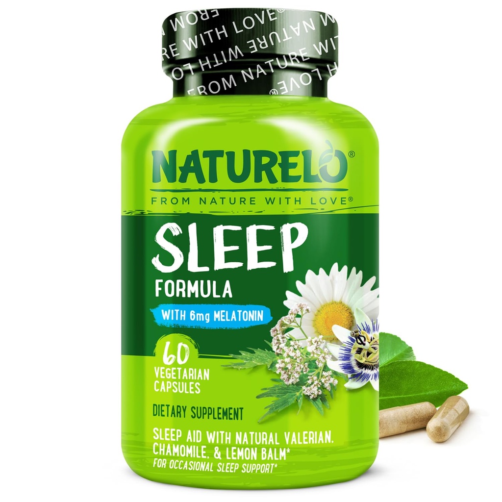 NATURELO睡眠援助 - 与梅拉托宁,镁,GABA,瓦莱里安根,莱蒙巴尔姆,夏莫米莱草药提取 - 植物类睡眠援助 - 60 Vegan Capsules
