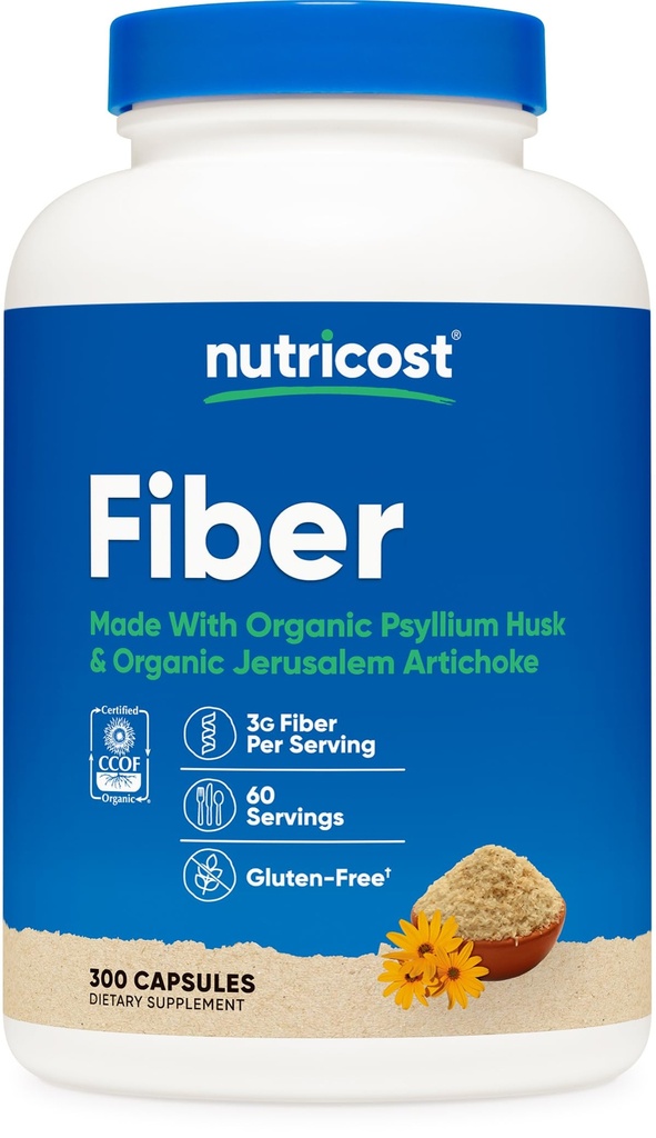 Nutricost Fiber Capsules with Prebiotic Fiber Supplement 300 Capsules - Made with Organic Psyllium Husk & Organic Jerusalem Artichoke, 60 Servings, Gluten Free, 3 G Per Serving