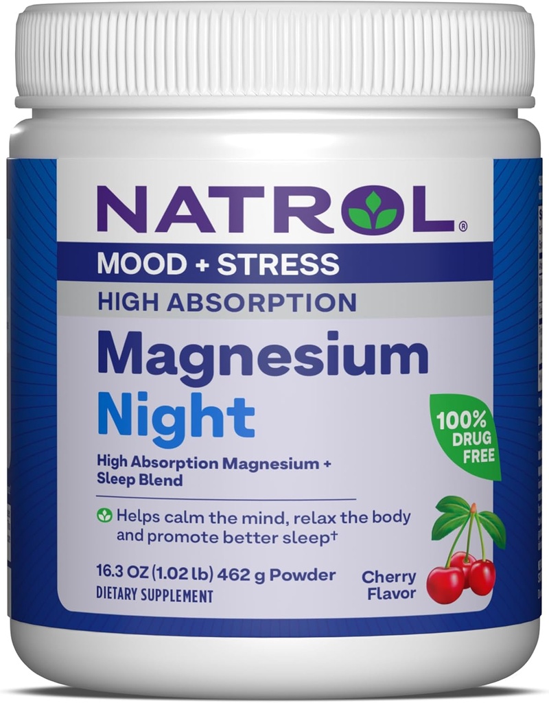 Natrol Magnesium Night 325 mg, 高吸收性镁和睡眠混合剂, 帮助镇定心灵, 放松身体和促进更好的睡眠, 16.3 OZ 樱桃味粉, 最多60天的供应量