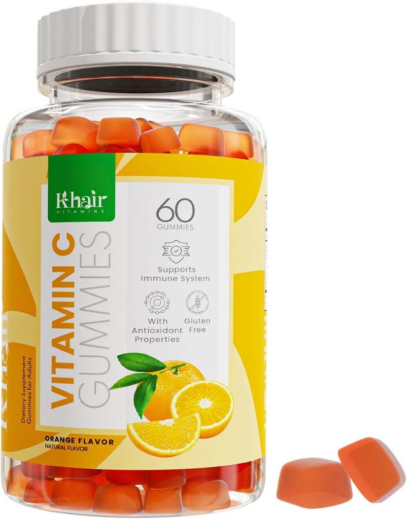Khair Halal Vitamin C Gummys - 非转基因生物、无胶原体、无胶原体、无草原体、植物体 -- -- 免疫支持Gummys、Halal 成人和儿童的美味维生素 -- -- 60名Gummys