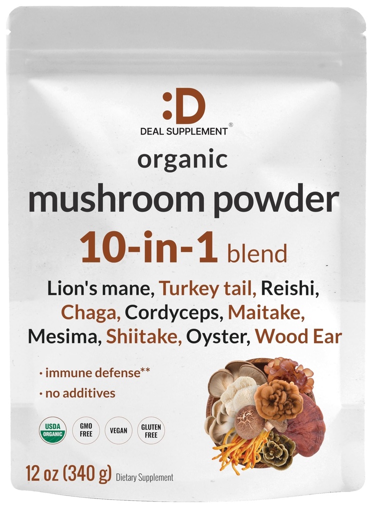 DEL Supplement 有机蘑菇粉补充剂, 12oz — 1分10 活性混合剂 — Shitake, Lions Mane, Cordyceps, Chaga, 含有更多支持 – 支持 Imune, 能源, 和脑健康 — 非 GMO, Vegan