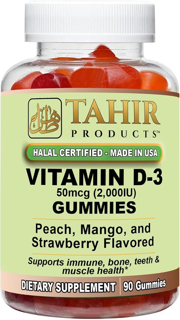 Tahir Halal Vitamin D3 2000 IU Gummys – 支持骨骼与免疫健康,促进肌肉功能,Gluten-Free,Gelatin-Free,90 Natural Flavor Gummys,美国制造 — Halal认证