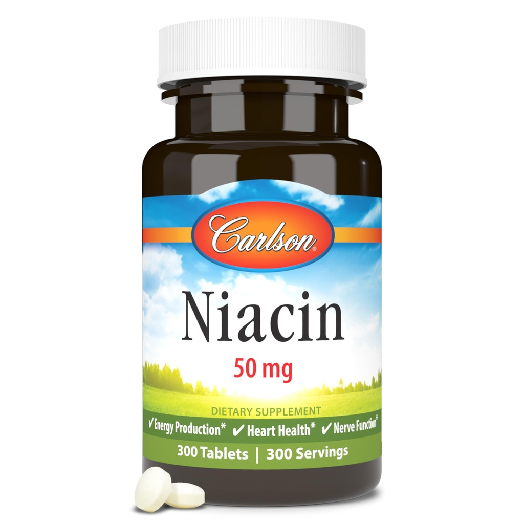 Carlson - Niacin,50毫克,支持胆固醇代谢,能源生产,心脏健康,神经功能,300片