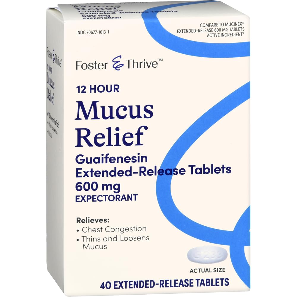 Foster & Thrive 胸腔摄入 Mucus 扩展释放,600 mg Guaifenesin 释放过量的 Mucus 导致的胸腔摄入,(与 Mucinex 12小时扩展释放的比较),40 片