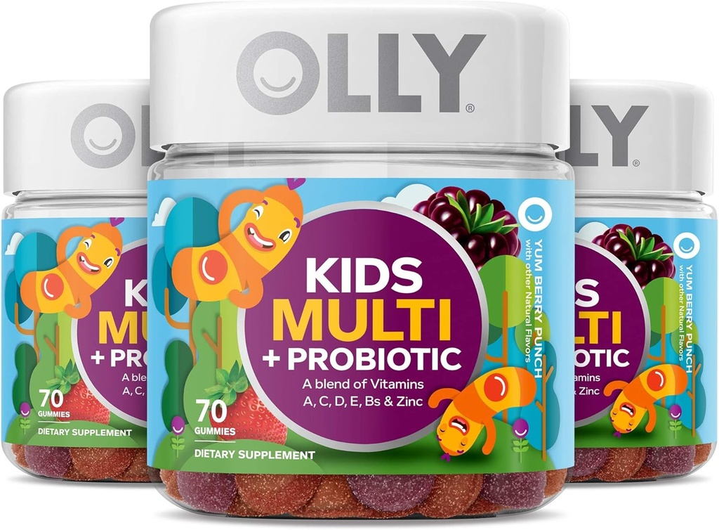 OLLY 儿童多维他命 + 亲生Gummy 维他命 A, C, D, E, B, Zinc, 亲生素, Chewable Supplement, Berry Flavor, 70 Counter (3 Pack)