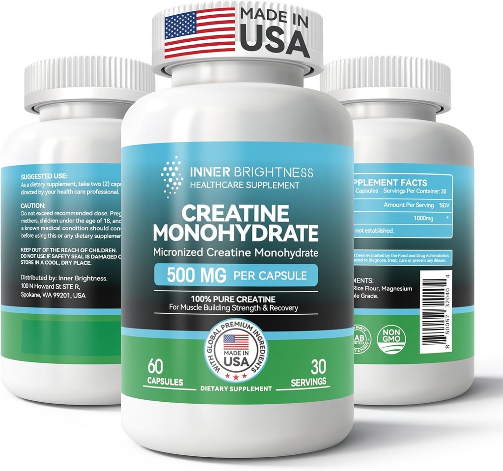 Creatine Monohydrate Capsules for Muscle Builder, 耐力和强度, 工作补编 QQ N-GMO, Gluten Free - 60 Capsules