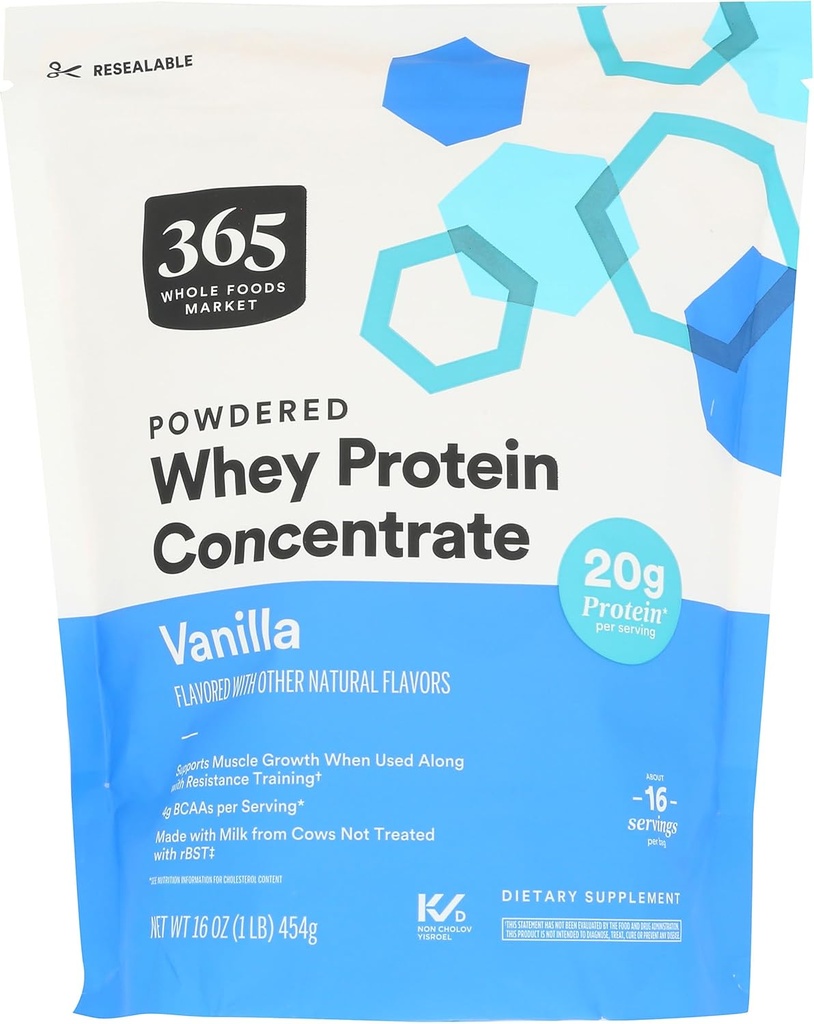 365 由全食品市场,Whey蛋白集中,香草,16 Ounce