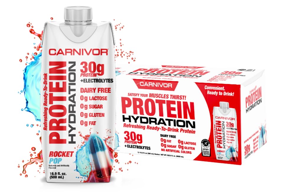 MuscleMeds Carnivor蛋白水解RTD,准备饮用,无乳糖,无糖,30g异质蛋白,Halal认证,Rocket Pop,16.9 Fl Oz(12包)