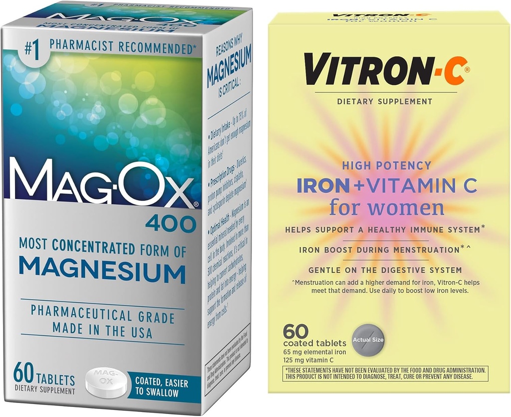 Vitron-C高潜力铁补编,免疫支持60ct和Mag-Ox 400镁矿物补编60ctt
