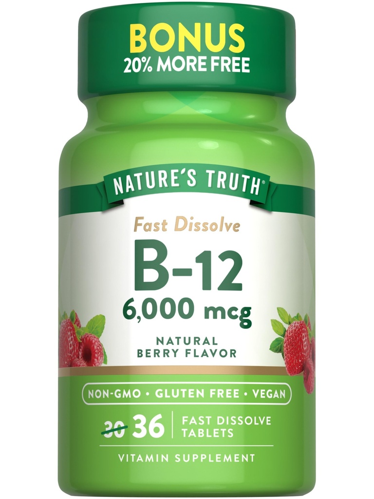 自然界的真理 B12 维生素 6000 mcg | Methycobalamin | 36 板块 | 快速溶解 天然贝里 Flavor | Vegan, Non-GMO & Gluten Free