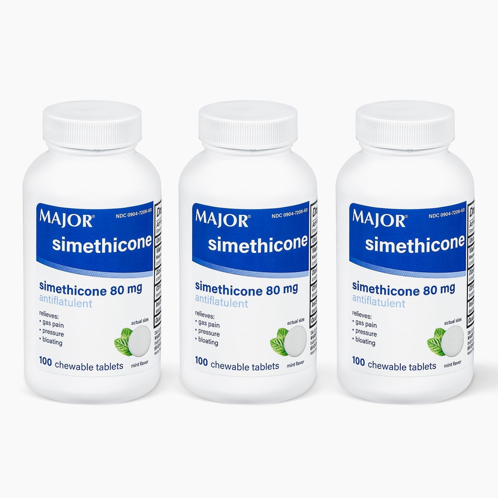 主要JOR Simethicone Gas Relief 80 mg - 抗平整、布隆和气体压力援助 - 100 块可切片(3包)