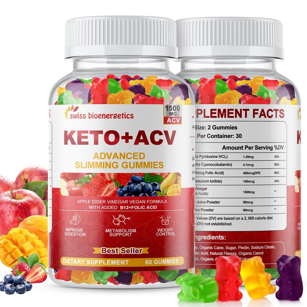 Keto Apple Cider Vinegar Gummys, Keto ACV Gummy 饮食补充, 高级 1500mg ACV Gummys with Folate, B12, B6 和 Keto 支持女性男性, Gelatin- Free, Vegan & Non-GMO(多功能)