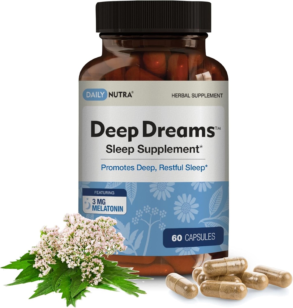 深梦 ~ 天然草药睡眠补充品 推广 深梦 安息 与梅拉图宁,L-Tryptophan,Valerian,GABA,Chamomile, & Passionflower(60 Capsules)一起形成无栖息物.