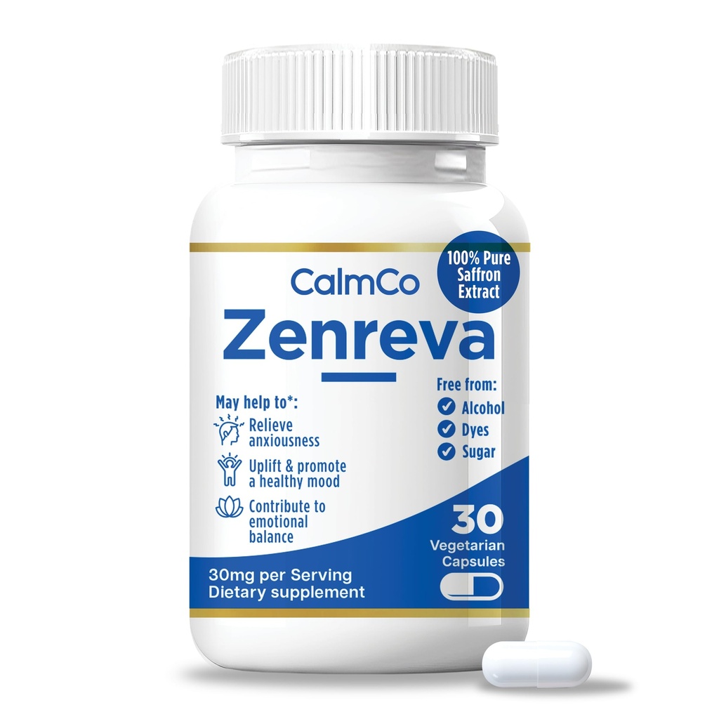 CalmCo Zenreva, 纯萨夫龙提取卡普苏莱斯 – 助推Mood, 改进焦点, 降低焦虑, 支持情感平衡和睡眠, 代谢促进器, 非GMO Vegan Capsules, 30 Counter