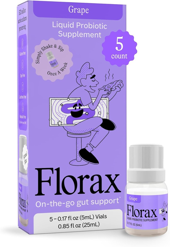 Florax - 液态抗生素 - On-go Gut 支持妇女、男子和儿童 - Vegan, Gluten Free, Lactose Free, Soy Free and Presentive Free - Grape Flavor - 5 Vials