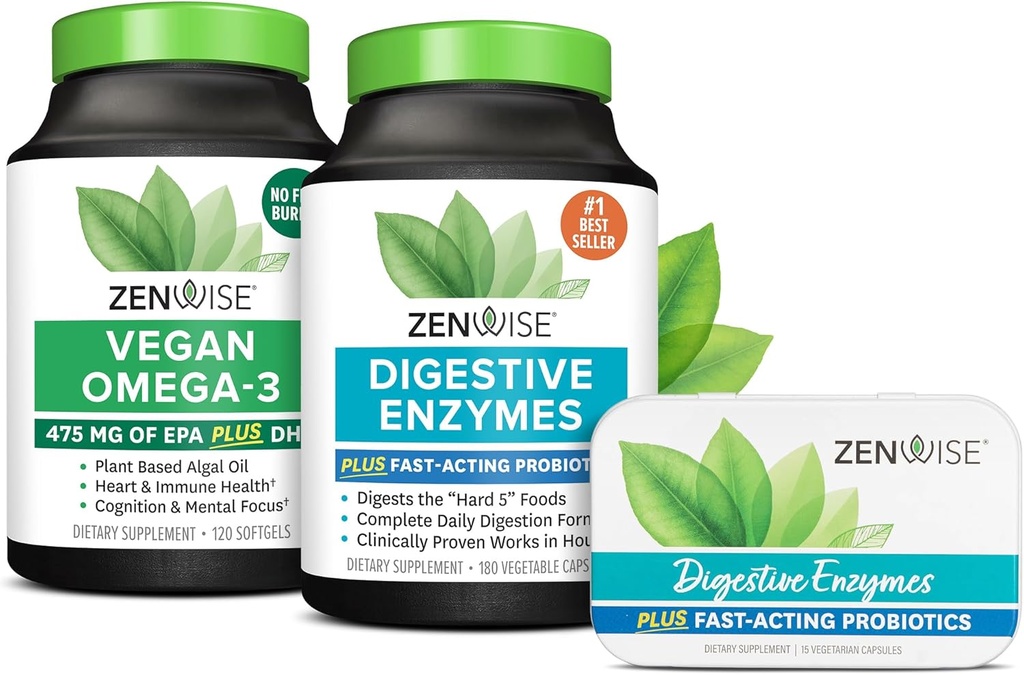 Zenwise健康消化酶Vegan Omega和自由旅行锡