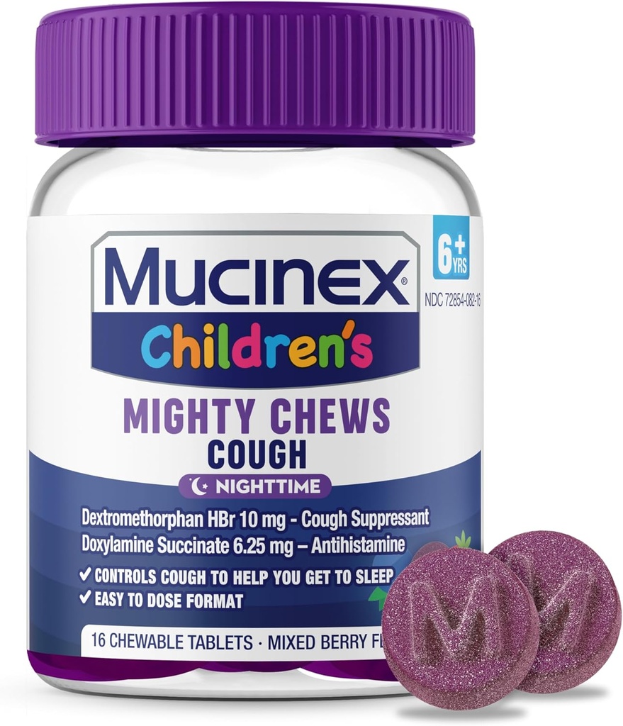Mucinex儿童威猛的厨师夜店儿童咳嗽药,易用Dexromethorphan进行剂量咳嗽抑制剂,儿童为咳嗽而旅行药,混合Berry Flavor,16种可食用药的厨师餐具