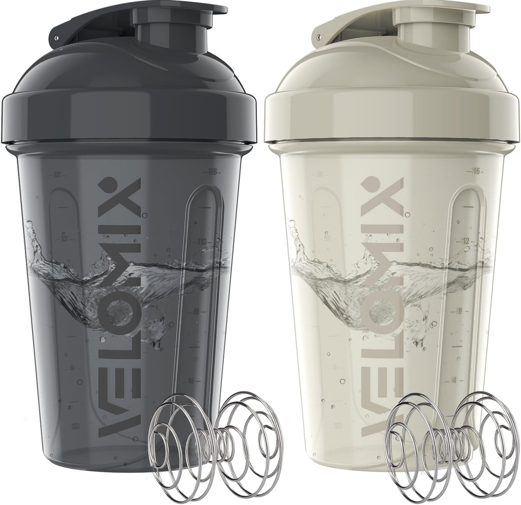 VELOMIX - 2 Pack - 20 oz 蛋白质摇摆瓶 蛋白质搅拌机 - 2x Wire Whisk - → Leak Proof Shaker Cups for 蛋白质摇摆机和预工作 → 蛋白质摇摆瓶 Pack (Gray/White)