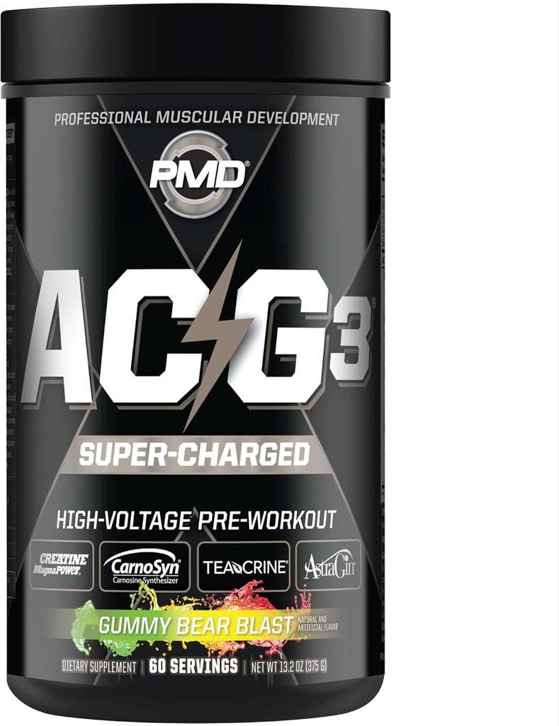 PMD Sports ACG3 超级充电 - 预选工作 - 强大的力量,高能量,最大限度提高男女精神重点,耐力和优化工作表现 - Gummy Bear blast(60 services)