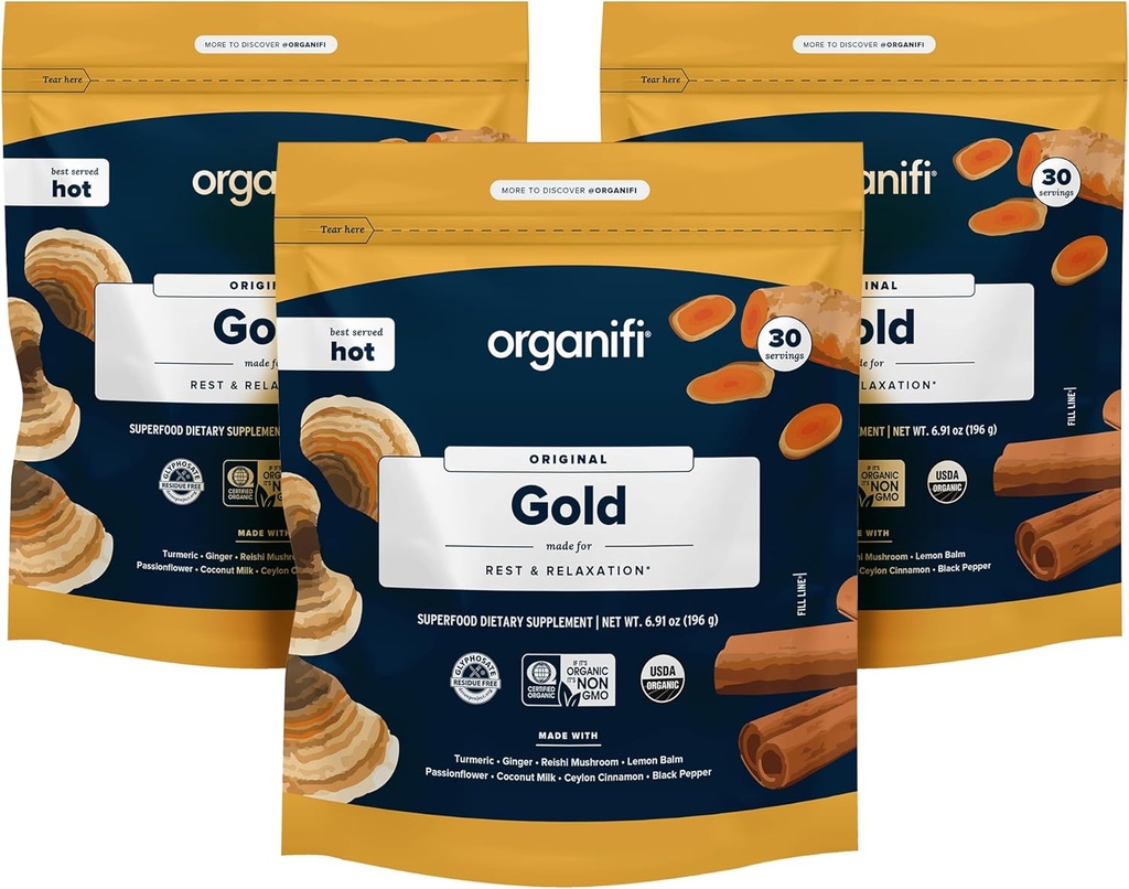 Organifi:黄金 - 超级食品补充粉 - 90种服务(3包) - 压力支持,更好的休息,放松和促进休息 - Turmeric和Reishi Infused