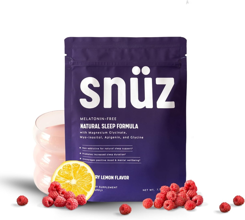 Snüz 天然睡眠支持补编,配有:甘油镁、米奥-伊诺西托尔、Apigenin & Glycine、Melatonin Free、成人睡眠援助、非转基因生物、Gluten Free、Vegan、Raspberry Lemon Flavor、30 Svgs