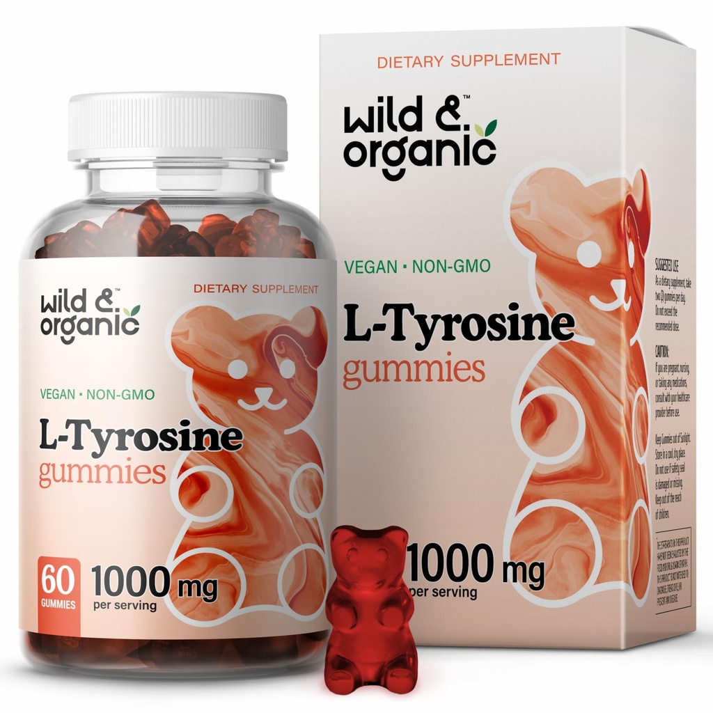 野生和有机L Tyrosine 1000mg Gummys - Focus和Mood的大脑支持补充 - Vegan Focus Gummys w/L-Tyrosine Powder - 60 Non-GMO Chews