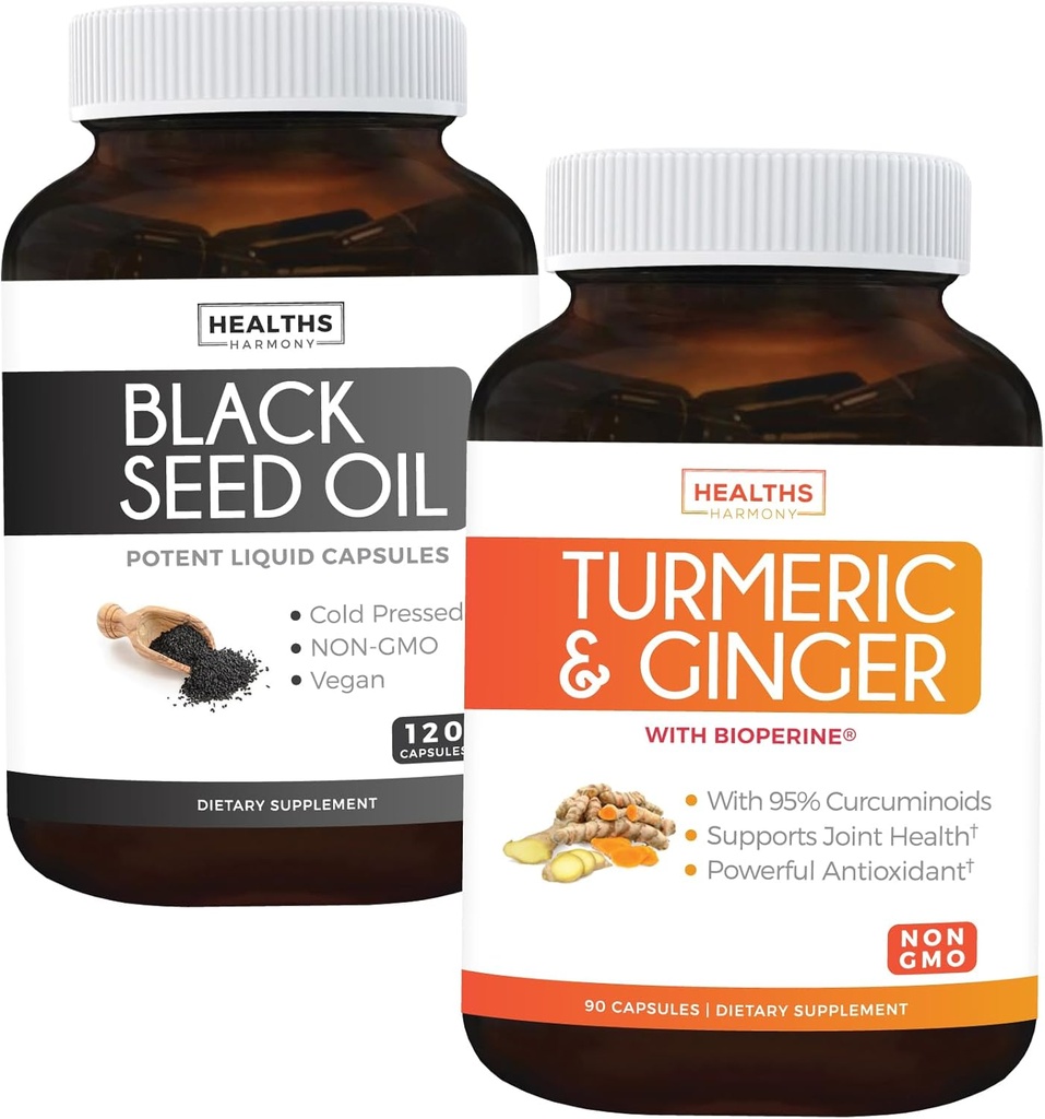 Turmeric & Ginger & Black Seed Oil - 金色和谐组合 - Turmeric & Ginger 含95% Curcuminoids & Bioperine (90 Capsules) & Black Seed Oil (Non-GMO) 100% Cold-Pressed Cumin种子油