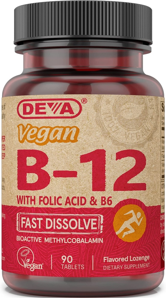 DEVA Vegan Vitamin B12 快速溶解补充剂 - Once-Per-Day Complex 配有 1000 Mcg Methicobalamin B12, Folic Acid, B6 - Lemon Flavor - 90 溶解片,