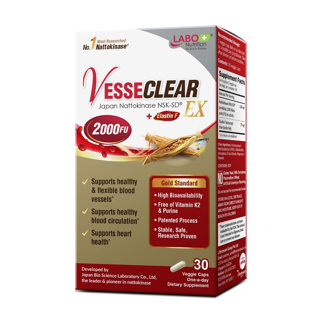 LABO 营养 VesseCLEAR EX: Nattokinase NSK-SD+ELSTIN F 用于清洁和弹性血瓶. 日本最经研究证明的功能剂量,酸阻/延迟释放卡普尔
