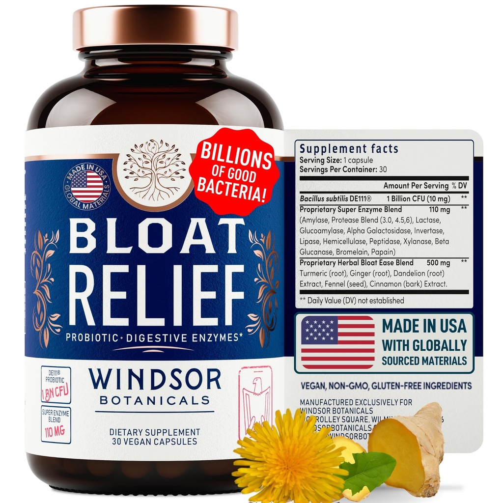 Bloat Relief Probiotic and Digestive Ezymes - Anti Bloating Turmeric, Fennel, Bromelain IBS 补编 - Detox Debloat Capsules Gas - Bloating Relief for Men - 30 Gut 保健药