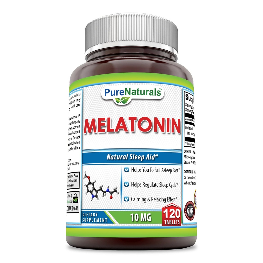 (原始内容存档于2018-03-21) (英语). Prure Naturals Melatonin Supplement = 10 Mg Pervice = 120 plats = NO-GMO = Gluten-Free = 在美国制造.