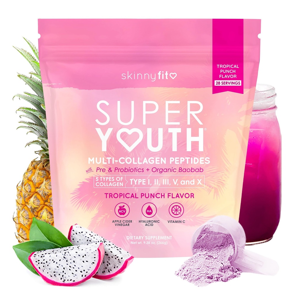 SkinnyFit - 女性超级青春柯拉根 - 多科拉根 Peptides Powder - Probiotics, Fiber, Hyaluronic Acid - 非 GMO, Gluten Free, Sugar Free - Beauty and Self Care - 热带扑克(28架)