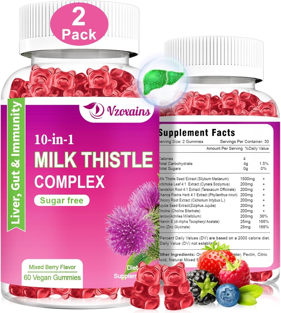 牛奶 This(英語:Milk Thistle Gummys, 1 Herbal Profecture), 10 in liver cleanse Detox 修復配有 Dandelion Root, Turmeric, Artichoke Optimal Liver 函数和消化性健康 混合贝里 Fravor 的草药配方