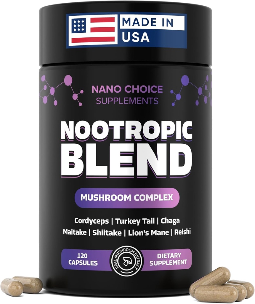 Nano Choice Nootropic Blend - 蘑菇复合剂,用于大脑,焦点,生产力和免疫支持 → Non-GMO, Vegan,美国制造 → 120 Capsules