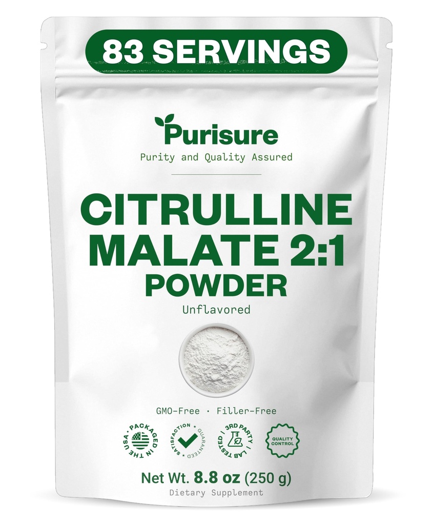 Purisure L-Citrulline Powder 250g, Premium Citrulline 2:1 强性能和能量的马特补充剂,预选Citrulline Malate Power - 增强肌肉泵和复苏 - 83 服务