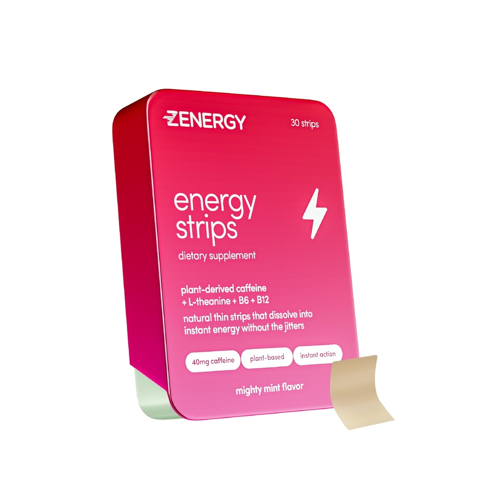 ZENERGY 能源口腔带 - Mint Flavor | 40mg Cafeine + 30mg L-Theanine + 100% Vitamin B6 和 B12 → 0 糖, 0 卡路里, 0 Gluten, 0 Aspartame, Vegan, 植物基,即时动作 | 1 锡 = 30 条