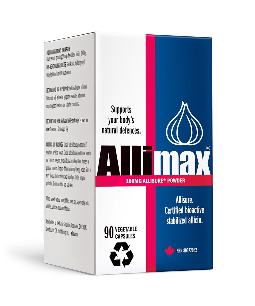 ALLIMAX 180mg 90 Capsules. Allicin 蒜类补充剂,用于支持身体的免疫功能. 含有固态和强力生物活性碱,取自清洁和可持续西班牙生长大蒜。