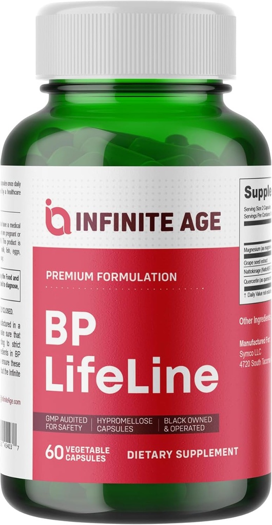无限年龄 BP Lifeline Capsules, 60 Counter - 心脏健康支持补编 配有葡萄籽提取,Nattokinase,Quercetin和镁 - 美国制造
