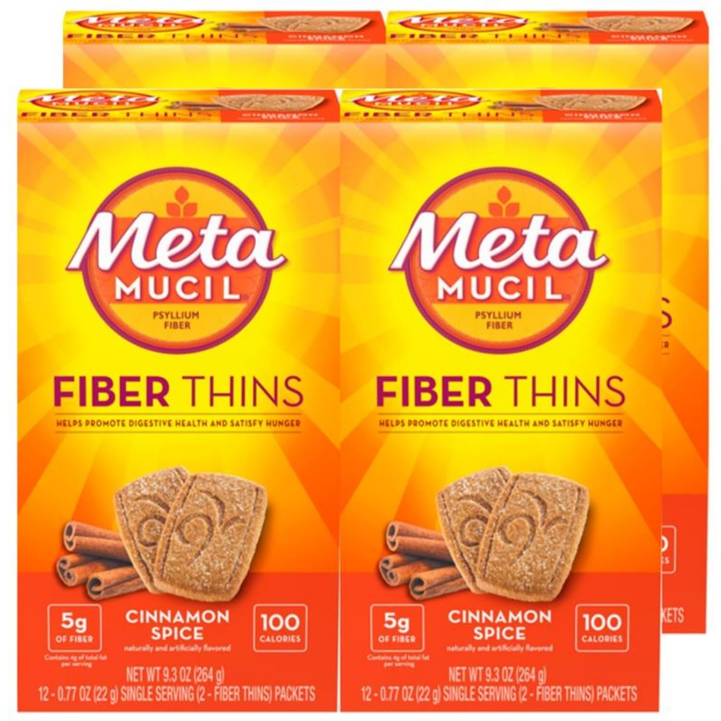 Metamucil Fiber Thins, Daily Fiber Supplement Snack, Psyllium Husk Powder, 5g Fiber per service, 支持消化性健康和满足性饥饿, 肉桂辣椒 Flavor, 包, 4, 12个服务对象