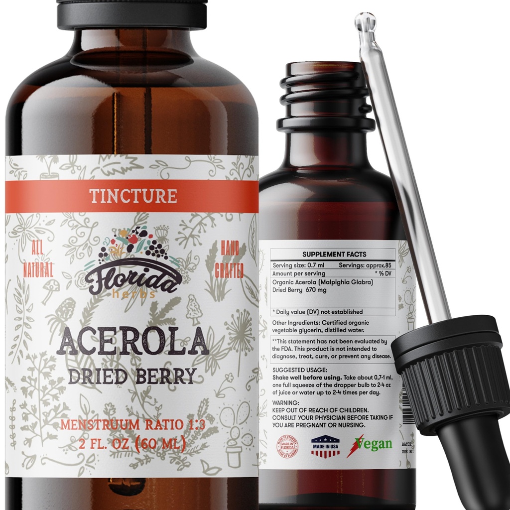 Acerola Tincture(维生素C),有机Acerola提取物(Malpighia Glabra) 干贝里用于血液,心脏,动脉,非GMO 冷椒有机蔬菜甘油,佛罗里达草药补充剂