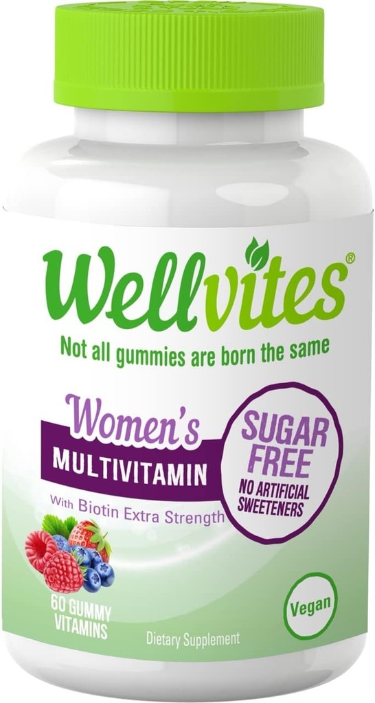 Wellvites 无糖多维特敏胶给携带生物素的妇女,Vegan,非GMO-女性维生素,维生素A,B6和B12,无人工甜甜剂,无糖无糖,60 Counter(30天供应)