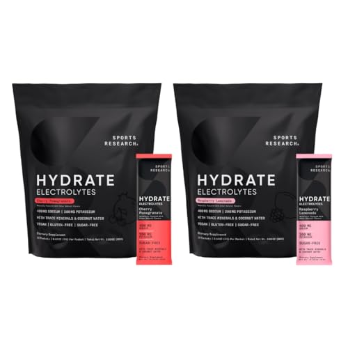 Sports Research Hydrate Electrolytes Dynamic Duo - Sugar-Free & Naturally Flavored with Vitamins, Minerals, and Coconut Water - 32 Hydration Packets of Cherry Pomegranate & Raspberry Lemonade