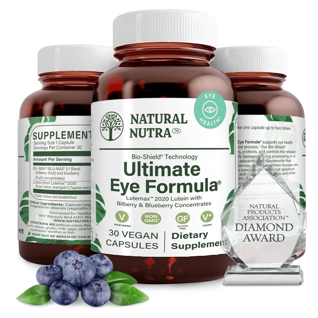 Natural Nutra Ultimate Eye Health Supplement - Bilberry & Blueberry screw Blend for Day and Night Vision 支持,促进色彩感知和眼睛清晰度 - 非GMO,无Gluten-free,Vegan - 30 Capsules